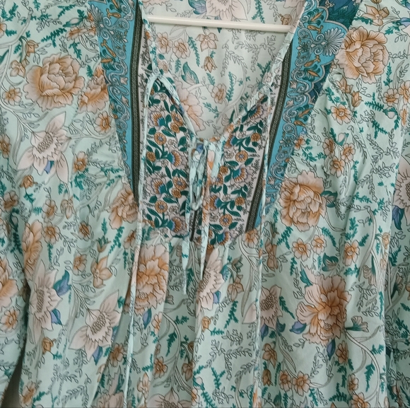 To My Lovers Teal Boho Western Blouse Turquoise Paisley Flowy Hippie Lace Up SM - Picture 3 of 8